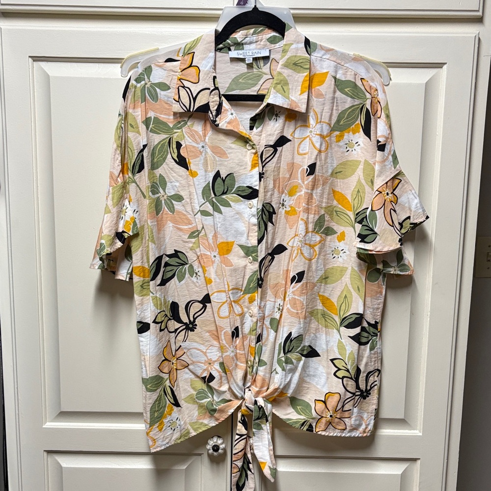 Sweet Rain Floral Tie-Front Shirt - Cream, Green, Black